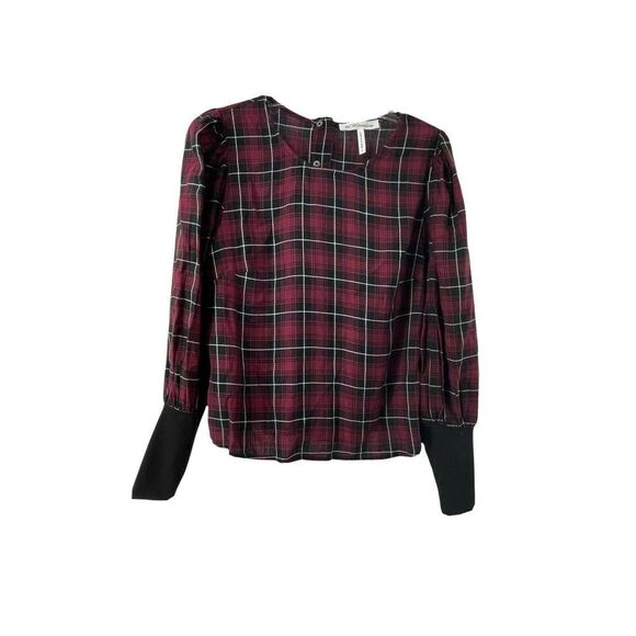 BCBGeneration Red Plaid Balloon Sleeve Blouse Womens Size Small Dark Academia - Picture 1 of 7